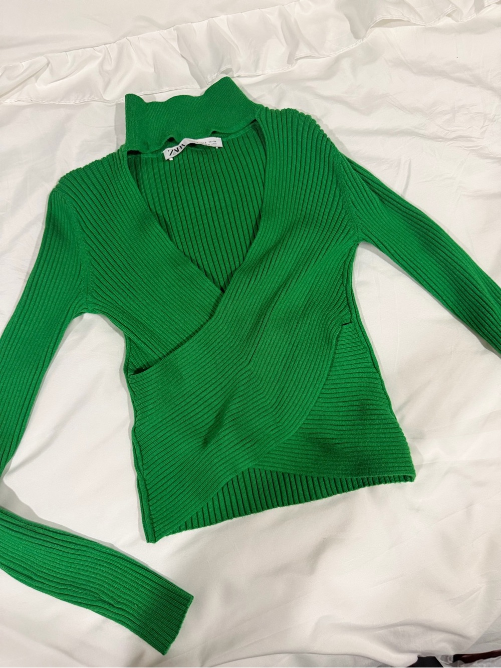 Zara Emerald Green Ribbed Wrap V-Neck Sweater